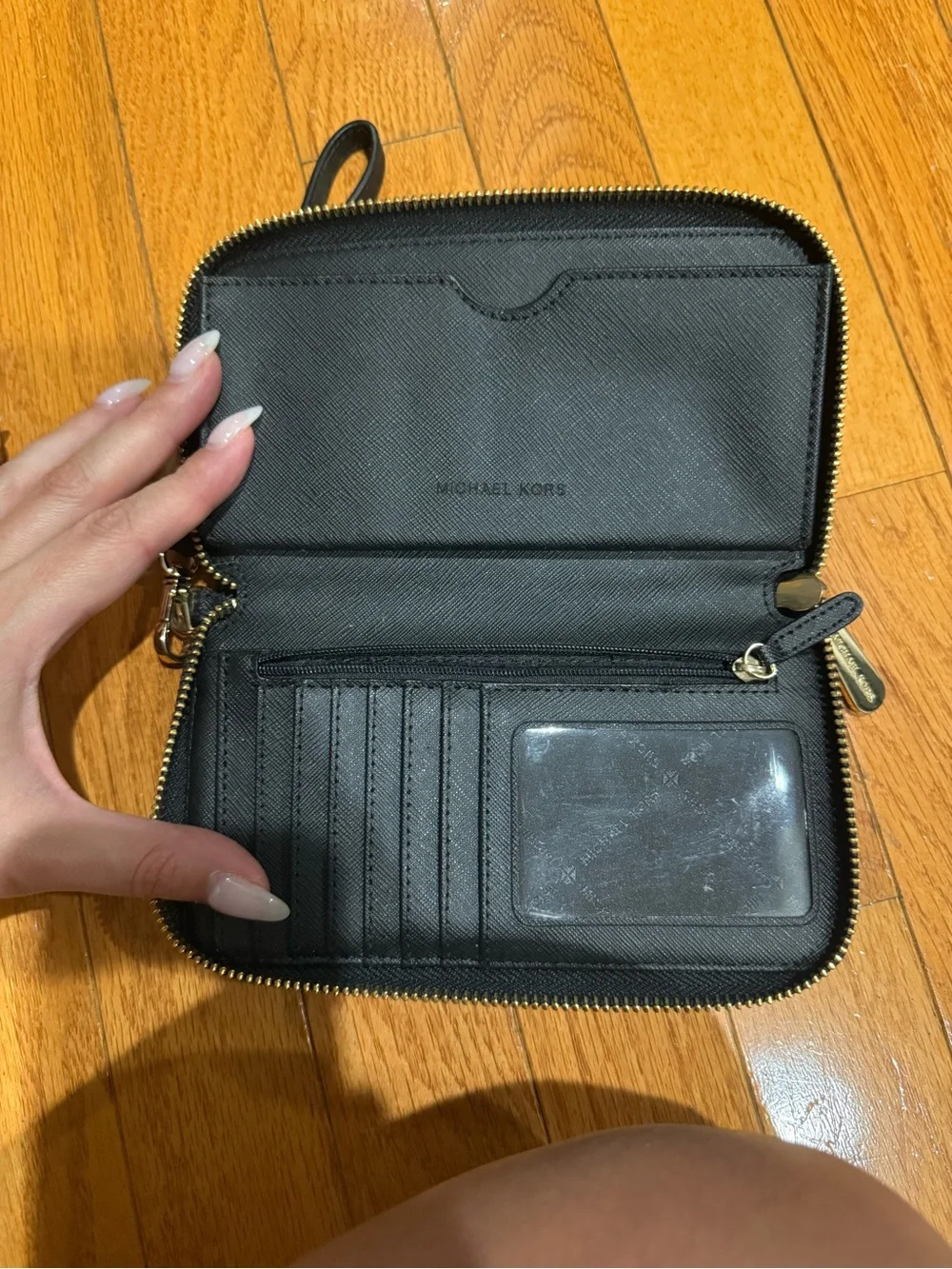 Michael Kors Black Saffiano Leather Zip Wristlet Wallet with Gold Hardware
